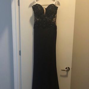 Navy beaded strapless gown.